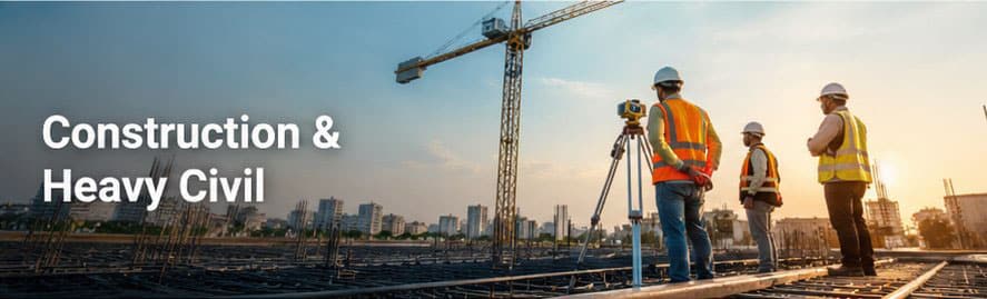 Construction site at sunset — workers in PPE with tower crane and scaffolding