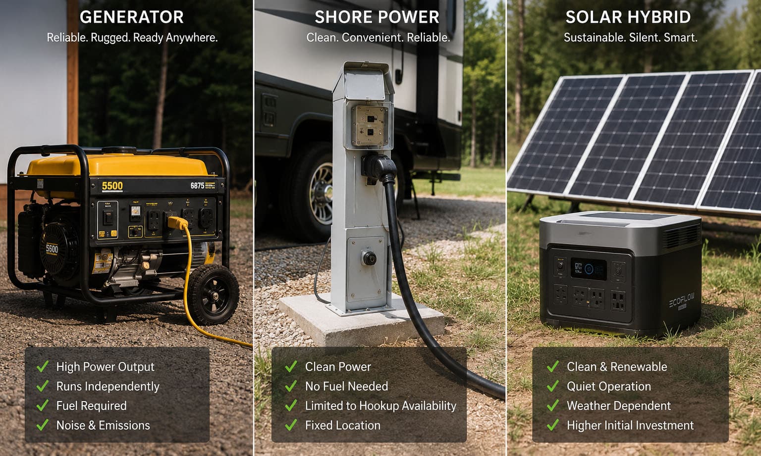 Side-by-side comparison of three power sources for a mobile cool-down trailer: a portable Generac-style generator, a shore power pedestal, and a solar panel array with a battery power station.