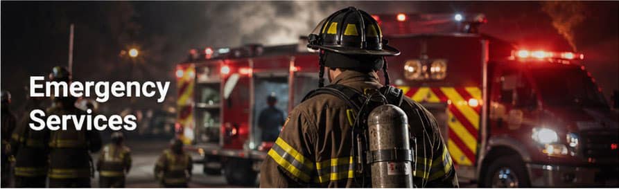 Firefighter in turnout gear with SCBA in front of a fire engine at an active scene