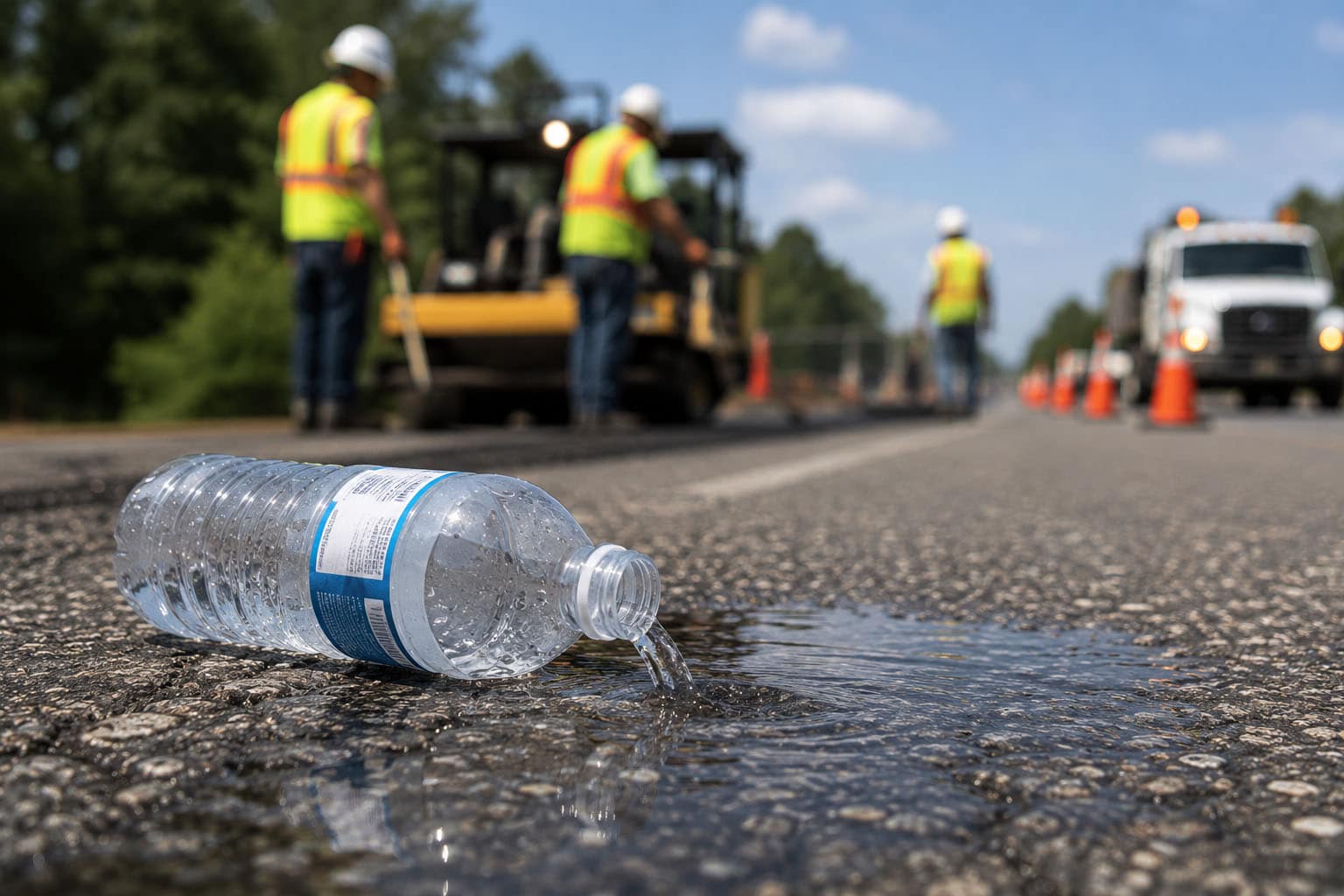 A spilled water bottle on hot asphalt with a road construction crew working in the background — illustrating worker hydration loss in heat.