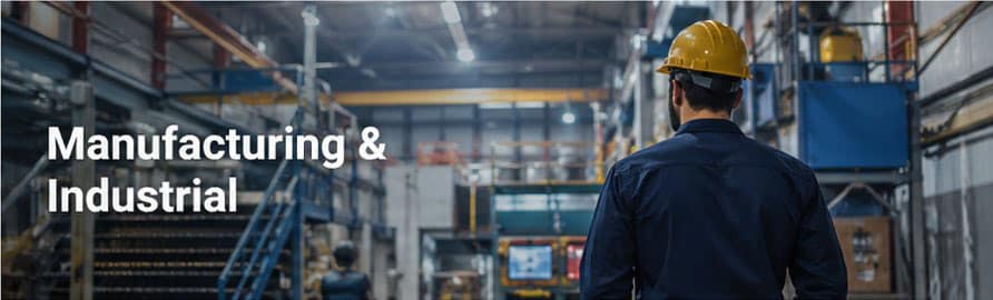 Industrial manufacturing facility interior with worker in hard hat