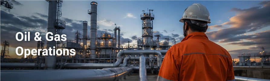 Refinery at dusk — worker in FR clothing facing distillation columns