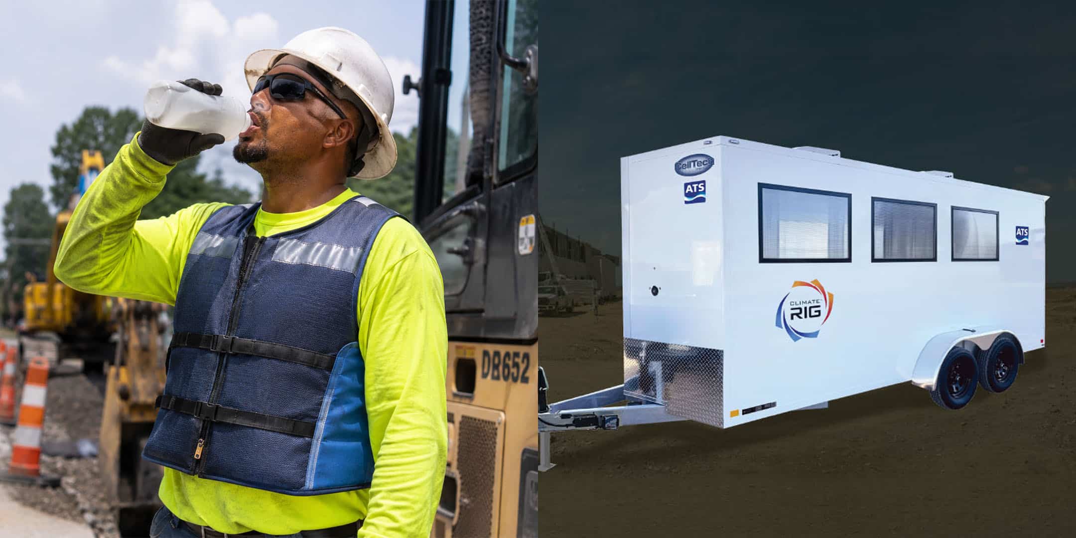 Side-by-side: a construction worker drinking water while wearing a phase-change cooling vest, and a ClimateRig mobile cool-down trailer — illustrating the two main heat-recovery tools on a jobsite.