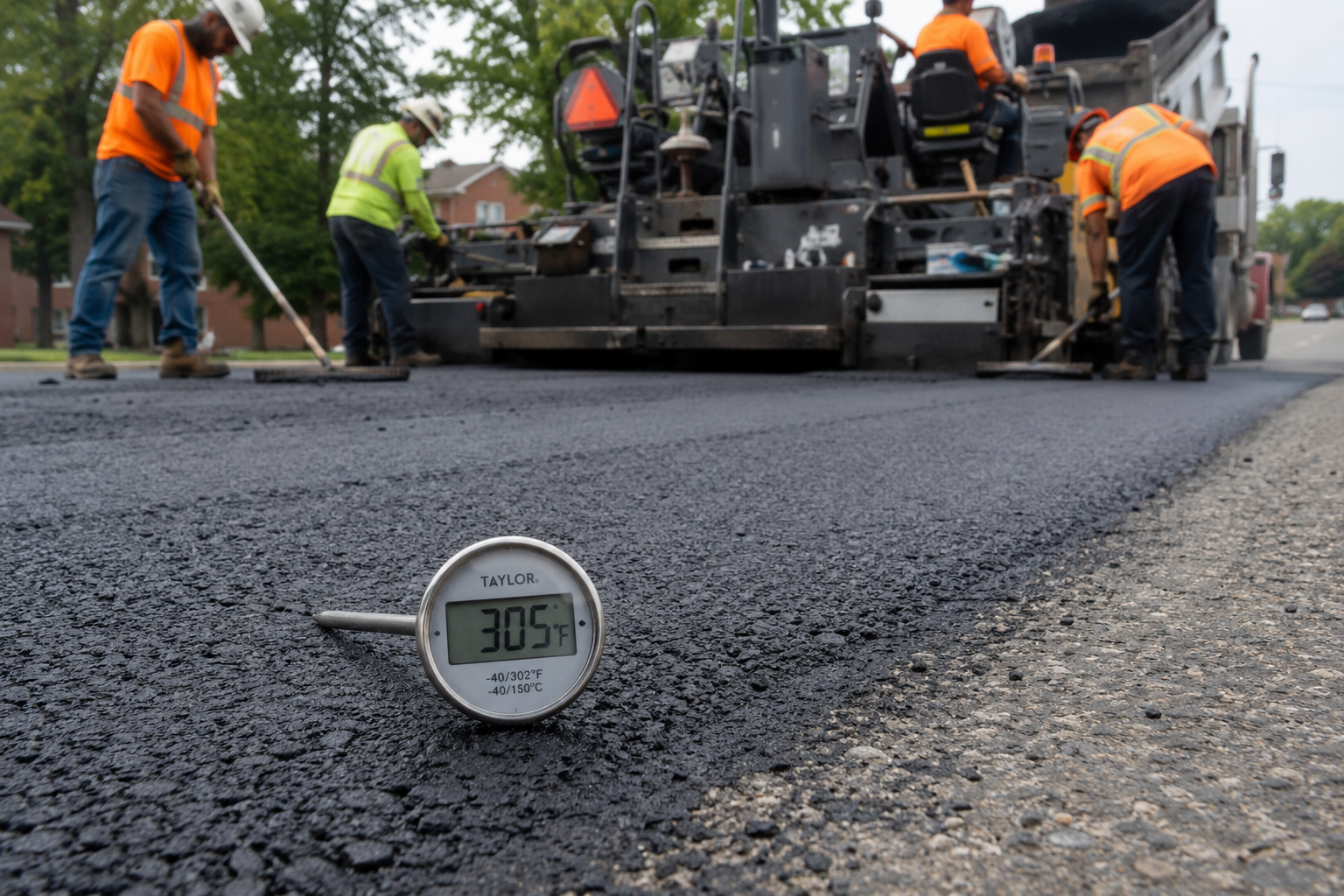 An asphalt paving crew working next to a freshly laid mat at 300°F+ — illustrating the radiant-heat exposure category that WBGT measurement alone does not capture.