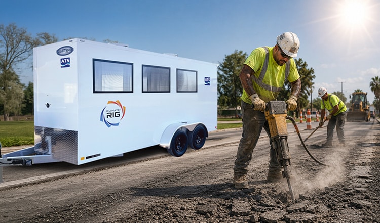 A construction worker exiting a ClimateRig cool-down trailer ready to return to the work face, illustrating how engineered recovery restores capacity rather than just providing rest.