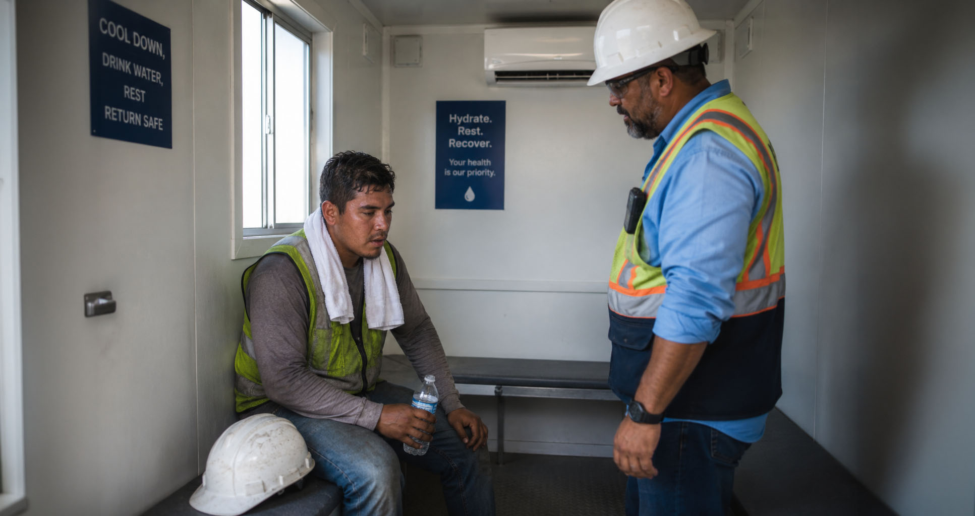 A worker recovering in a cool-down trailer with a supervisor checking on them — illustrating the 72-hour post-incident protocol that most heat plans omit.