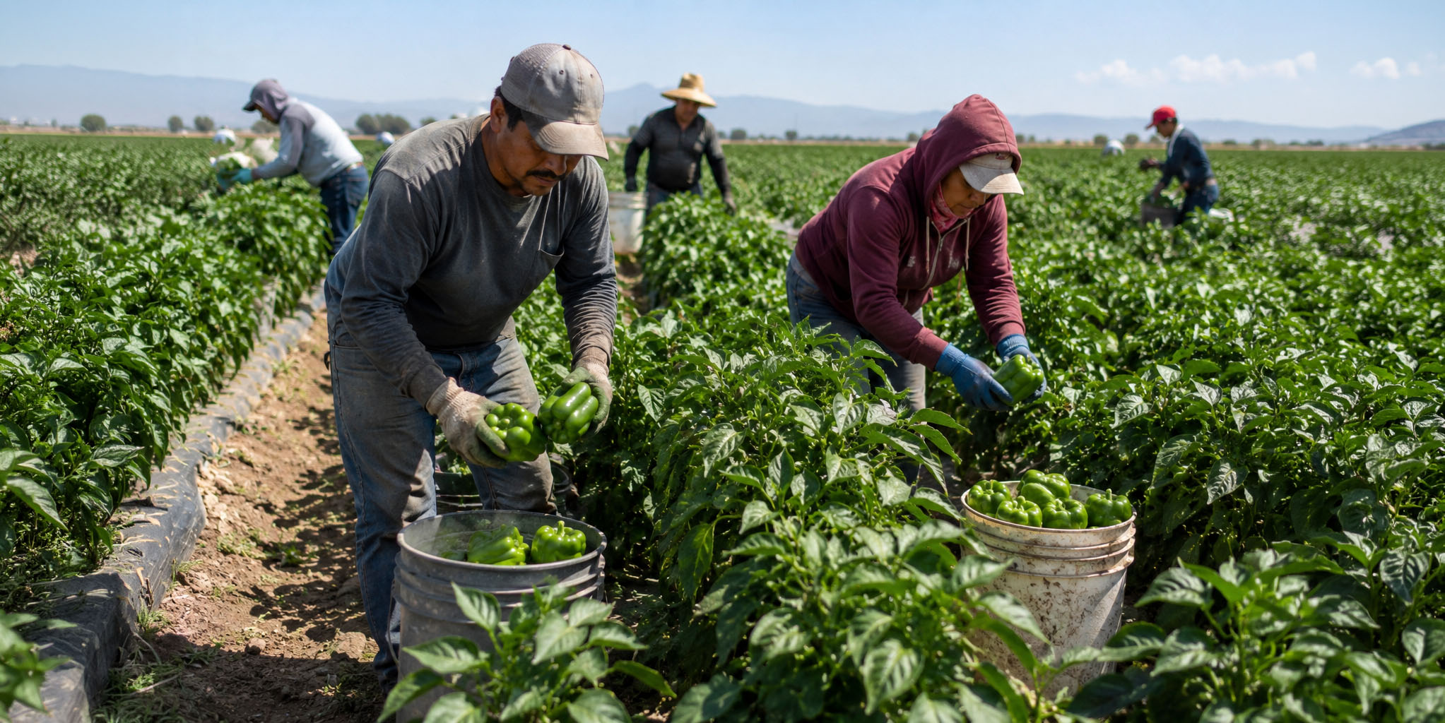Agricultural workers in a hot field with limited shade — illustrating the heat-fatality risk that places agriculture at the top of U.S. occupational heat-death rankings.