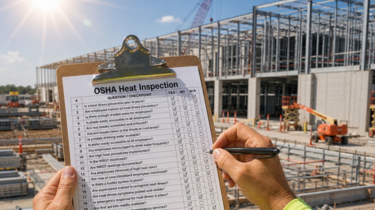Mock OSHA Heat Inspection — Hero Image An OSHA compliance officer with a clipboard and handheld thermometer walking a jobsite, conducting a heat-illness prevention program inspection under the Heat NEP.