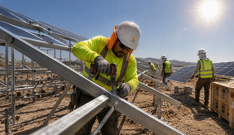 A utility-scale solar farm under construction on a vast shadeless site, with EPC crews installing panel rows under extreme heat exposure and no natural shade.