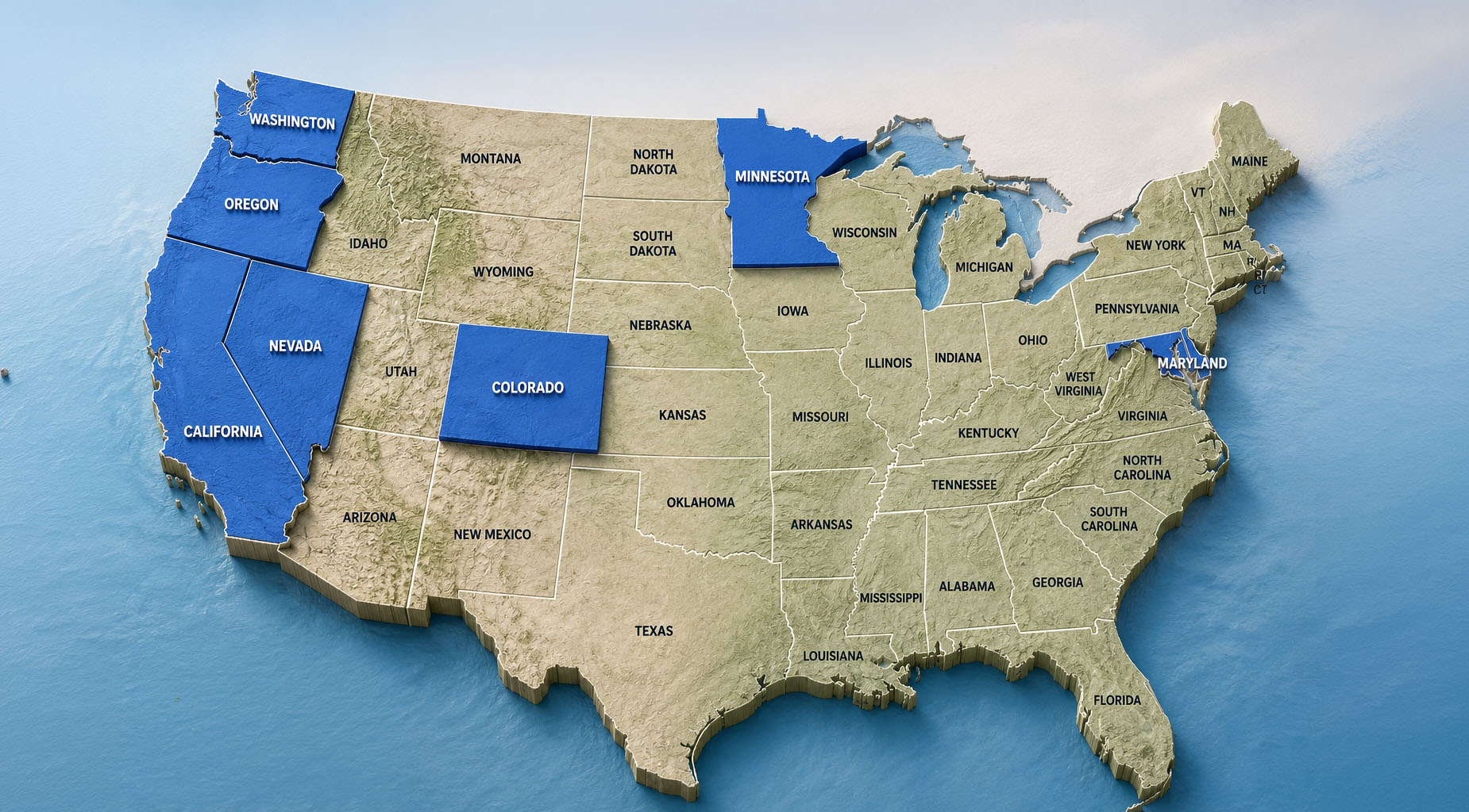 A U.S. state map highlighting the seven states with active heat-illness prevention standards in 2026 — California, Washington, Oregon, Nevada, Colorado, Maryland, and Minnesota.