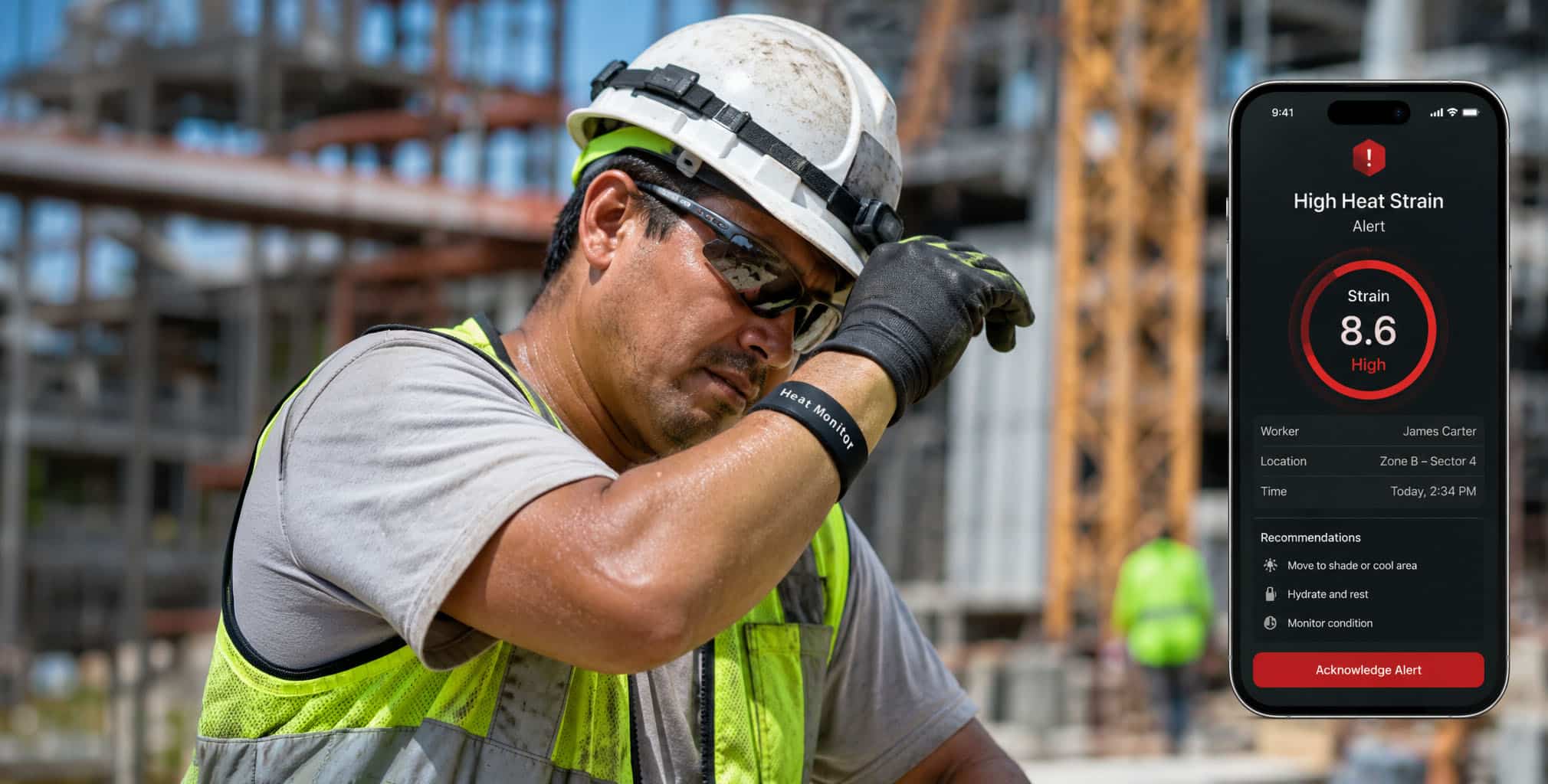 A worker wearing a heat-strain monitoring wearable on the arm, with a connected supervisor dashboard — illustrating the 2026 wearable category for occupational heat safety.