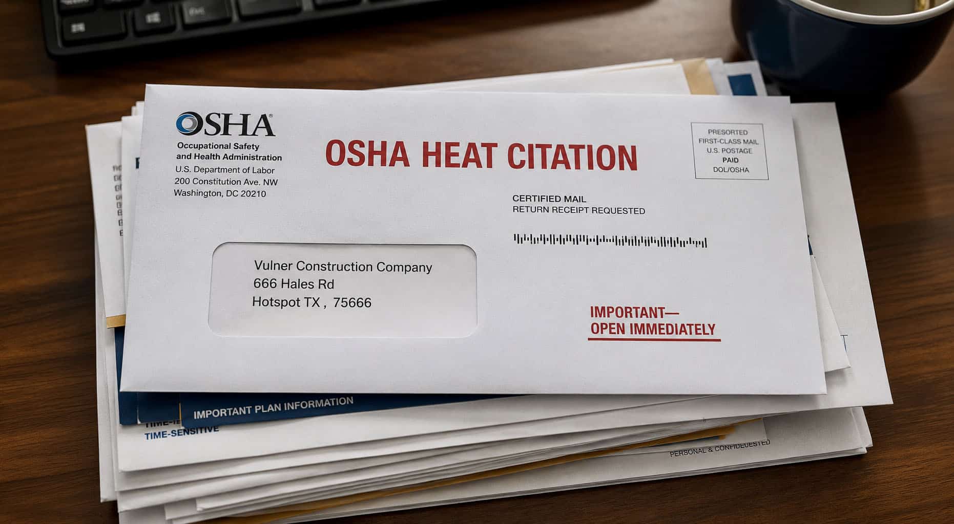 An OSHA citation document with dollar penalty amounts, representing real General Duty Clause enforcement actions for heat illness in 2025–2026.