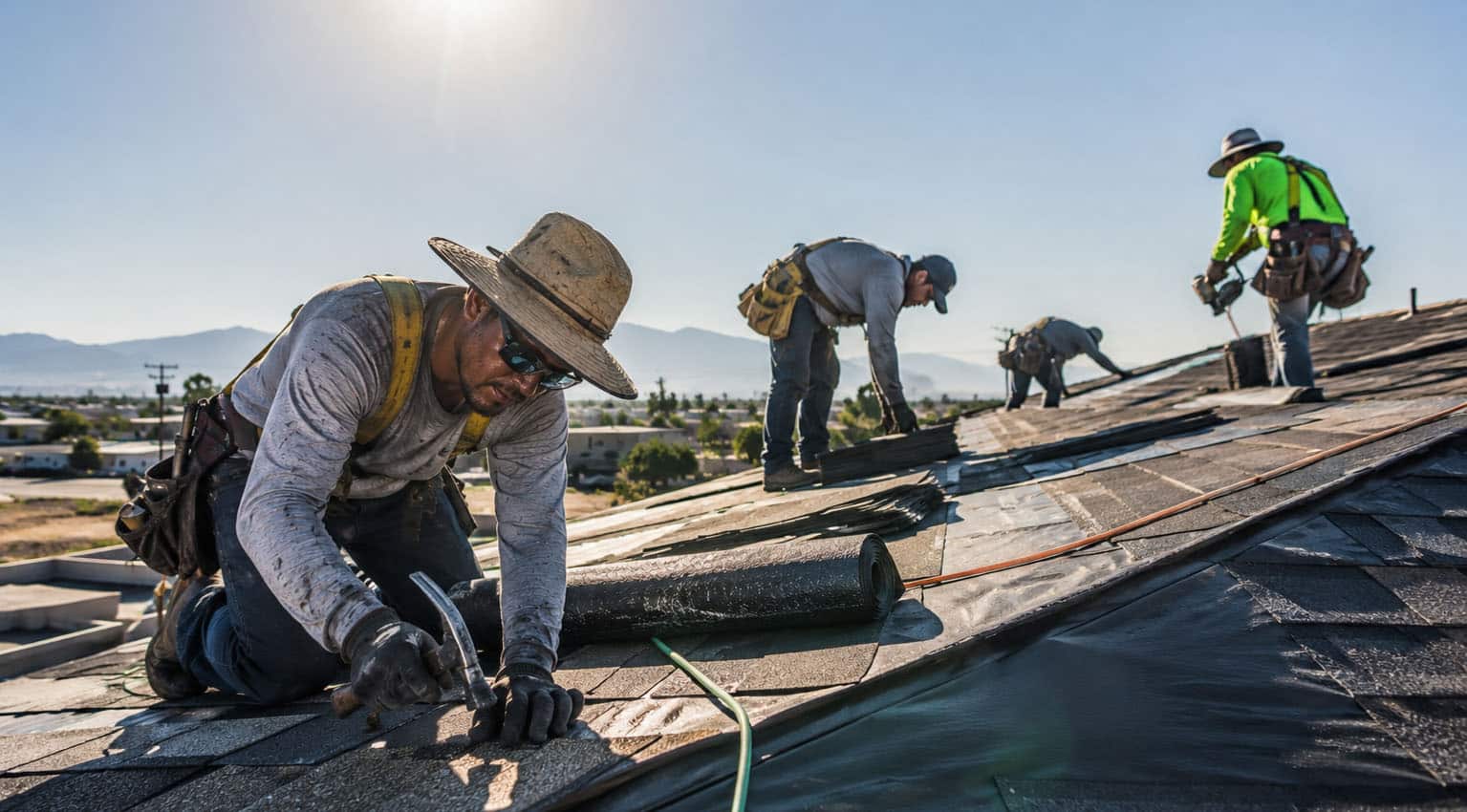 A roofer working on dark asphalt shingles in extreme summer heat, illustrating the radiant heat load that pushes surface temperatures past 160°F.