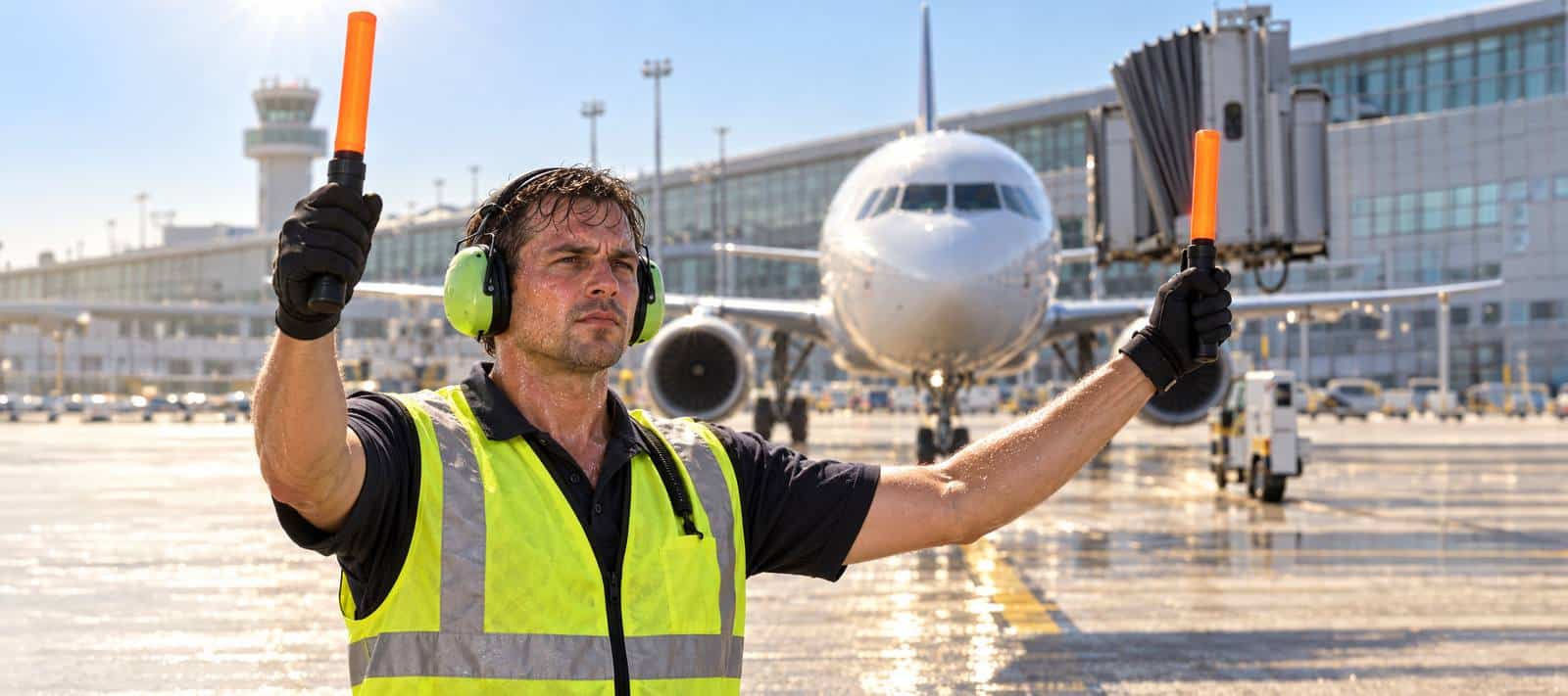 A sweat-soaked ramp marshaller in a high-visibility vest signals an aircraft on a sun-baked airport tarmac, illustrating the extreme radiant heat ground crews face during ramp operations.